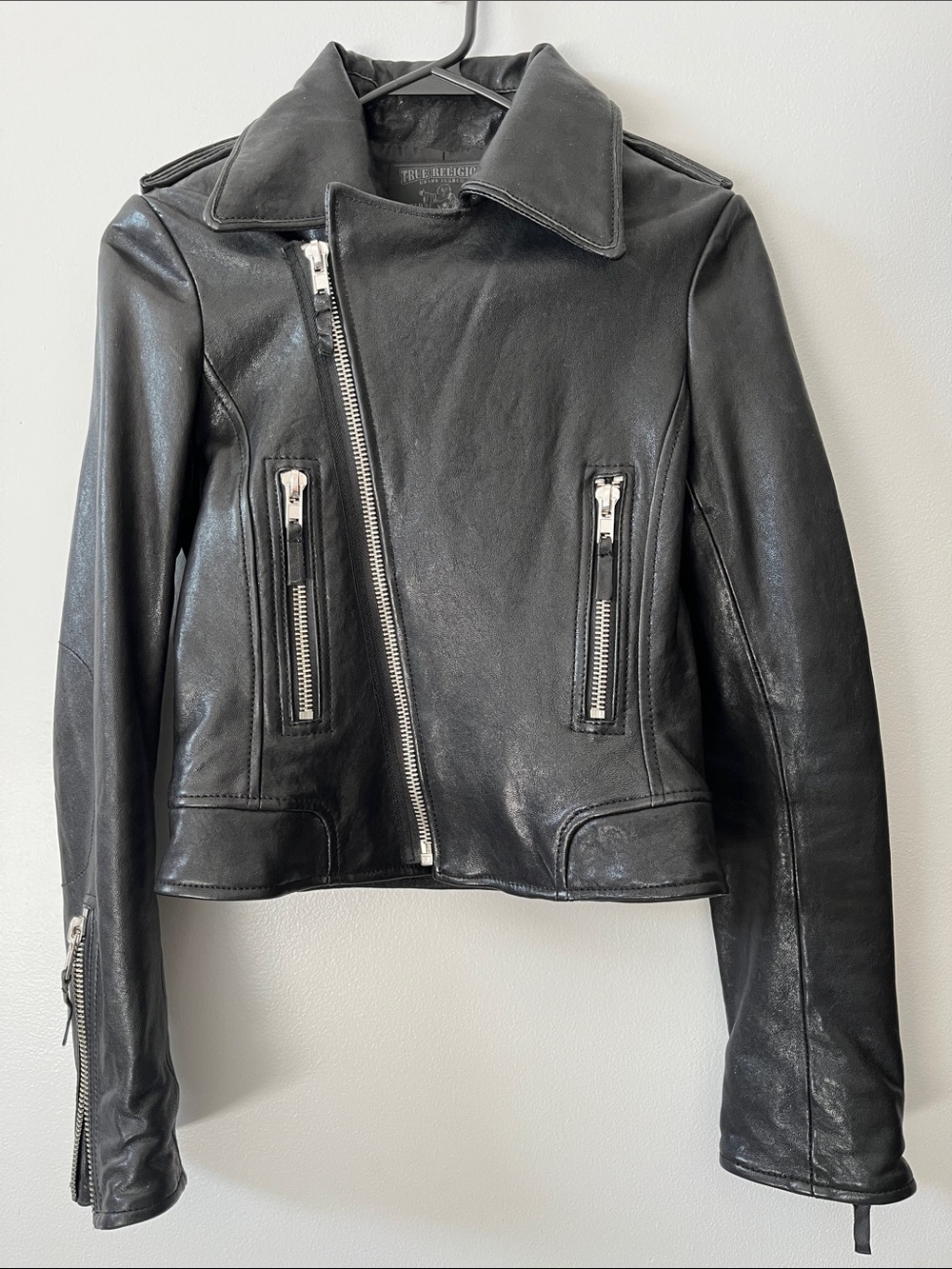 True religion black lamb skin leather jacket shiny rockstar moto silver zippers
